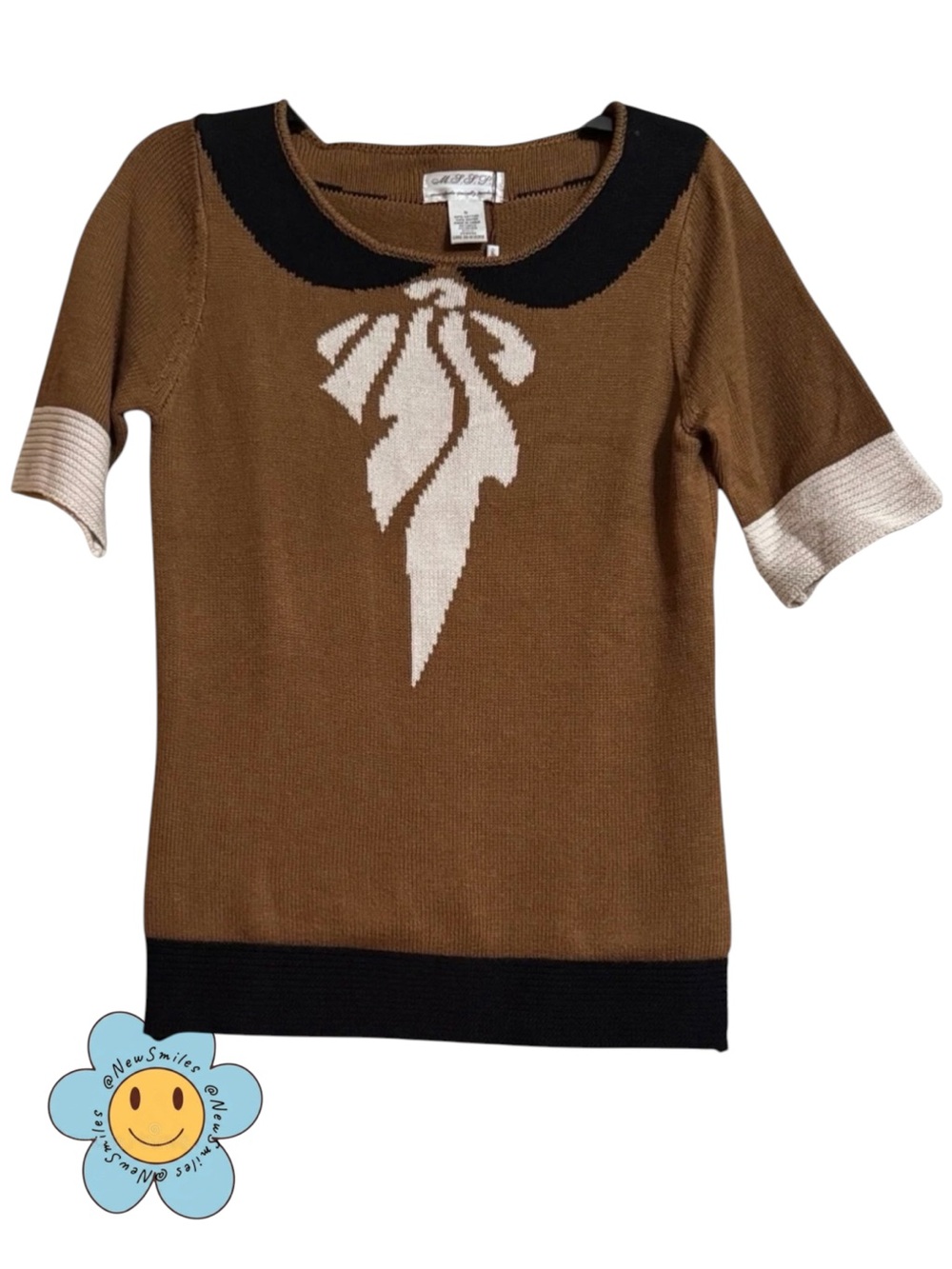 Women’s Brown Knit Sweater Top with Cream Bow Detail